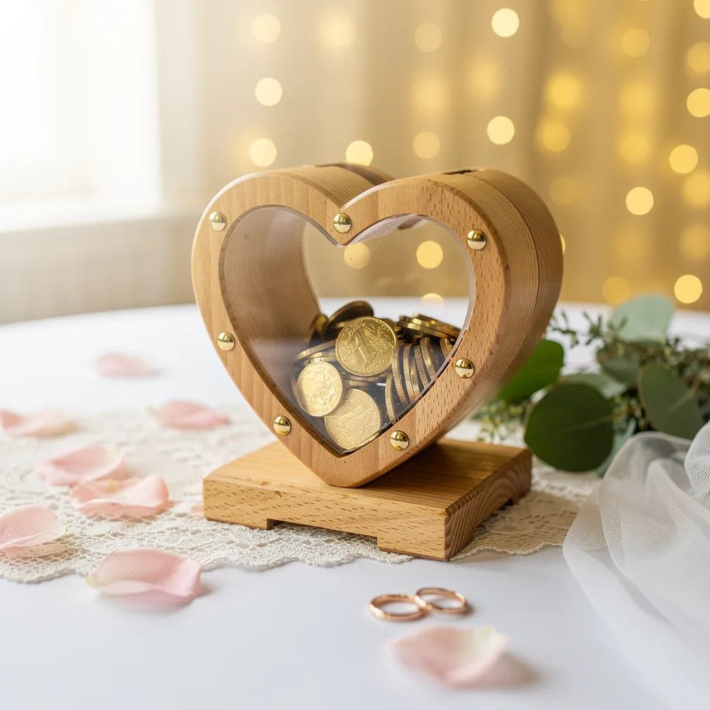Tirelire Cœur Mariage en bois avec pièces visibles et décoration mariage