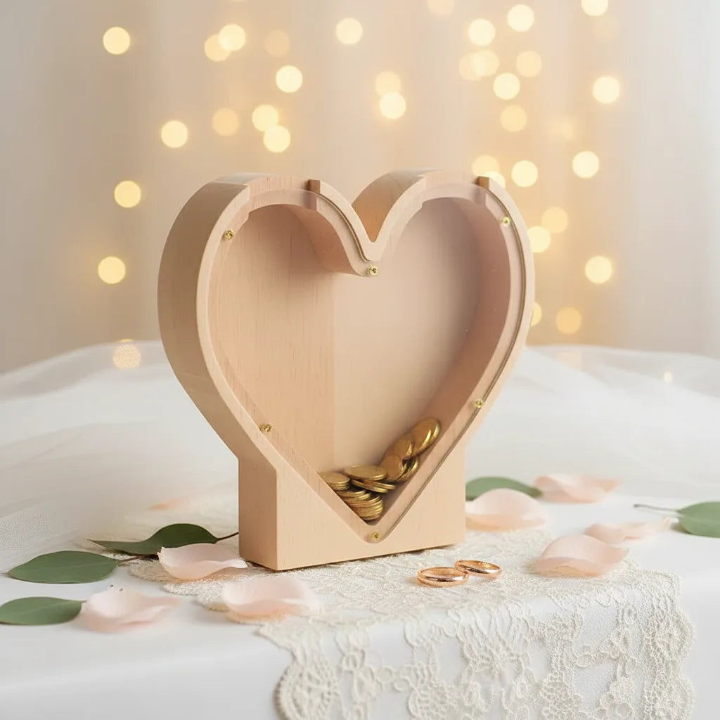 Tirelire Cœur Mariage en bois avec façade transparente